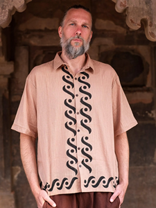 Handmade Men Of-White Cotton Khadi <b>Shirt</b> with Black Hand-Block Print Geometric Waves Summer Casual <b>Button</b>-Down <b>Half</b>-Sleeve Top - Product Image 2