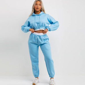 Conjunto de Sudadera Corta Azul Claro para Mujer con Pantalones Jogger a Juego, Color Sólido, Manga Larga, Informal, Transpirable, Tejido de Felpa, 100% Felpa - Product Image 2