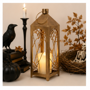 High Quality Gold Metal Decorative <b>Lantern</b> with Spiderweb Design Vintage Hanging Pillar Candle Holder for Halloween & Home Decor - Product Image 4