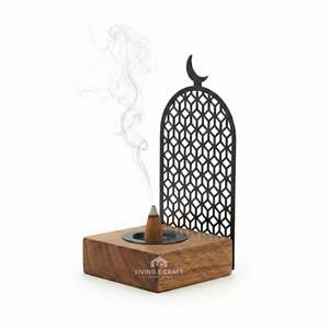 Porte-encens en bois artisanal avec arche métallique, brûleur d'oud arabe Mabkhara pour la décoration de la maison pendant le Ramadan et l'Aïd - Product Image 4