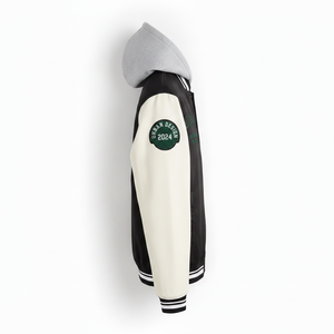 Chaqueta Varsity Negra para Hombre con Mangas Crema, Logotipo Bordado, con Capucha, Estilo Preppy, para Otoño - Product Image 2