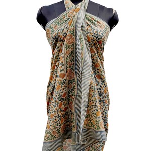 Handcrafted Indian Block Print Cotton Sarong Floral Pareo <b>Beach</b> Cover Up Lightweight Summer Resort <b>Wrap</b> for Women - Product Image 2
