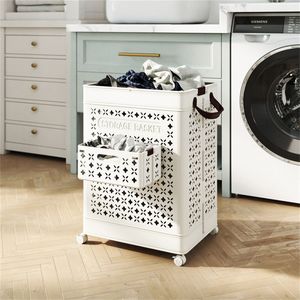 Cesto per Bucato Pieghevole da 20 Galloni con Mini Cesto Sospeso e Design Cavo in PP con Ruote - Product Image 6