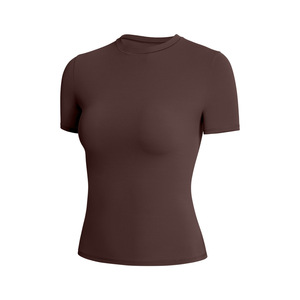 Women's Light <b>Pink</b> Short Sleeve Crew Neck Slim Fit Knitted Cotton Spandex <b>Crop</b> <b>Top</b> Casual Solid Color All Seasons Wear - Product Image 2