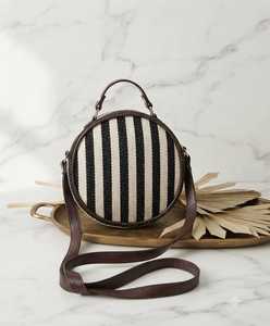Round Canvas Striped Eco-friendly Tote Bag Woven Beach Handbag Leather <b>Strap</b> Zip Closure for Daily Use Travel - Product Image 1