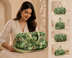 Cotton Quilted Bohemian Style Travel Duffel <b>Bag</b> Green Zipper Closure Carry on Luggage <b>Overnight</b> Weekend Shoulder <b>Bag</b> Women - Product Image 4