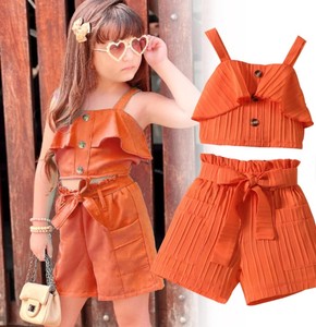 Autumn Girls Vintage Clothing Sets Kids <b>Clothes</b> Solid Colors Short Sleeve Tops+Shorts Button Fashion Girls Outfits - Product Image 3