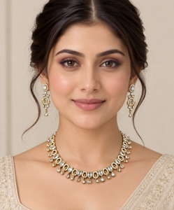Antique <b>Gold</b> Plated Curved Link Oval Stone Studded AD Jewelry <b>Set</b> With Matching Earrings Sparkling American Diamond Jewelry <b>Sets</b> - Product Image 5
