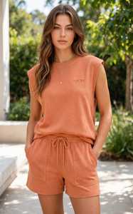 Ensemble 2 pièces pour femmes, haut sans manches à col rond et short à cordon de serrage avec poches, tenue d'été décontractée - Product Image 6