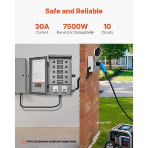 Kit Interruttore di Trasferimento Manuale ATS per Generatore, 30 Ampere, 10 Circuiti, Pre-cablato, con Scatola di Ingresso Alimentazione NEMA L14-30P, Doppia Entrata - Product Image 2