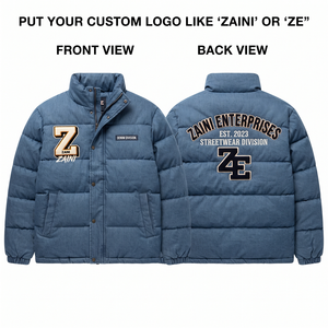 Premium 300 GSM Cotton Denim Puffer <b>Jacket</b> Camouflage <b>Pattern</b> Long <b>Quilted</b> Panel Design Warm Winter Streetwear Custom Logo Wear - Product Image 1