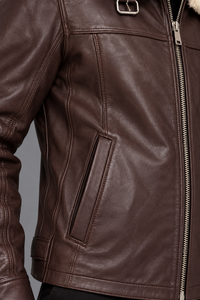 Chaqueta de Cuero Genuino para Hombre, Chaqueta de Aviador Marrón, Chaqueta Bomber con Cuello de Piel, Chaqueta de Cuero Personalizada para Invierno - Product Image 6