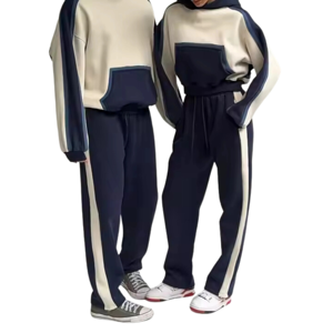 Conjunto de Sudadera con Capucha Corta y Pantalones de Felpa con Bordado Personalizado, Unisex, Bloques de Color, Bolsillo Canguro, Traje Deportivo de 2 Piezas para Hombre - Product Image 1