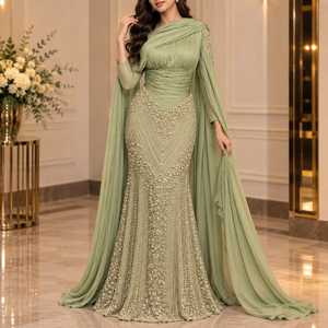 Robe de soirée sirène en satin vert sauge perlé pour femme – Élégante, longue, sans manches, parfaite pour les occasions formelles - Product Image 4