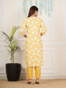 Vestido de Verano para Mujer, de Algodón Cambray, Largo hasta la Rodilla, Manga Tres Cuartos, Cuello Redondo, Estampado Floral, Bordado, Amarillo, Protección Solar, Secado Rápido - Product Image 4