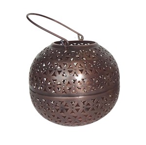 Farol de vela esférico de metal con acabado bronce antiguo, patrón perforado de copo de nieve y estrella, cuerpo esférico y asa de alambre arqueado - Product Image 5