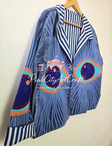 Veste matelassée en velours de haute qualité faite à la main pour femmes, bleu indigo, style bohème, manteau d'hiver, col rayé, broderie, cardigan ouvert sur le devant - Product Image 3