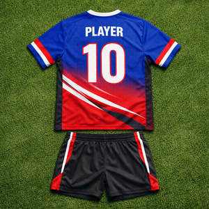 ชุดฟุตบอล OEM แบบกำหนดเอง แขนสั้น แห้งเร็ว ระบายอากาศได้ดี ผ้าโพลีเอสเตอร์ 100% พิมพ์ลายชื่อและหมายเลขผู้เล่น - Product Image 4