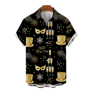Men's Black Hawaiian <b>Shirt</b> Happy New Year Print <b>Gold</b> Champagne Glasses Top Hat Mask Short Sleeve Turn-down Collar Summer - Product Image 1