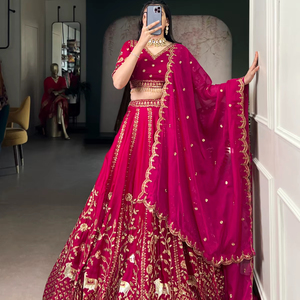 Wholesale Natural Silk Wedding Lehenga Choli With Sequins Thread Embroidery And Double Cancan Bulk Supply India - Product Image 1