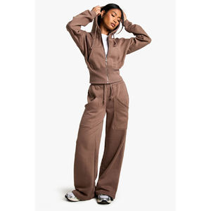 Women's Solid Brown Fleece 2 Piece Sweat Suit Set Hooded Zipper Top <b>Wide</b> <b>Leg</b> <b>Jogger</b> Pants Casual All Seasons Wear - Product Image 1