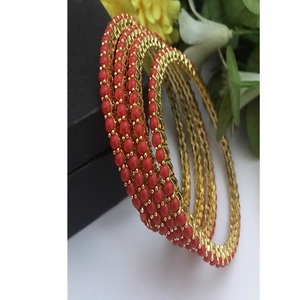 Chic <b>Gold</b> Plated Coral <b>Bangle</b> Bracelets <b>Set</b> Classic Style Women's Wedding Jewelry Alloy Jewelry <b>Sets</b> - Product Image 1
