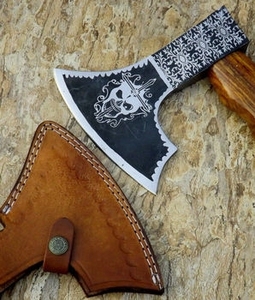 ZA DAMASCUS MAKERS Couteau à pizza artisanal en forme d'axe, manche en bois de rose, lame en acier forgé, pour usage de survie, étui en cuir inclus, garantie 1 mois - Product Image 4