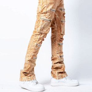 <b>Men's</b> Distressed Cargo Pants With Zipper Pockets Street Style Elastic Waist Midweight Canvas Trousers Autumn Wear - Product Image 3