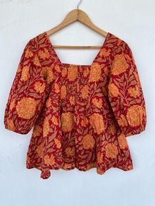 Rust Orange Floral Print Cotton Blouse Square Neck 3/4th Sleeve Boho Summer Top Women Garment Manufacturer - Product Image 5