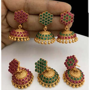 Elegant Vintage Jhumka Hoop Earrings with Semi-Precious Stones and Pearl - Product Image 1