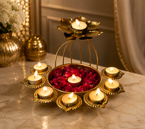 Handcrafted <b>Metal</b> Lotus Urli with 9 Tealight Holders Lid Decorative Diya <b>Bowl</b> for Home Festive Christmas & Wedding Use - Product Image 3