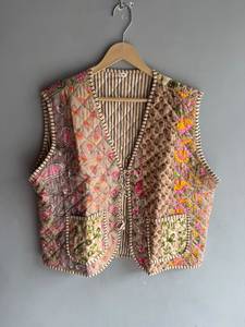 Gilet matelassé en coton floral pour femme, réversible, avec poches plaquées, col en V, sans manches, style automne, broderie main, CADEAU - Product Image 1