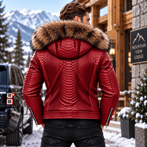Men's Snake Leather <b>Jacket</b> with <b>Real</b> Detachable Fox <b>Fur</b> Hood | Herren Lederjacke | Chaqueta Hombre de Cuero Python - Product Image 2