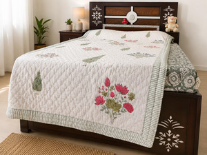 Hand Block Printed Cotton <b>Quilt</b> Reversible Indian Floral <b>Bedding</b> Lightweight Summer Razai Handmade Boho Comforter - Product Image 4