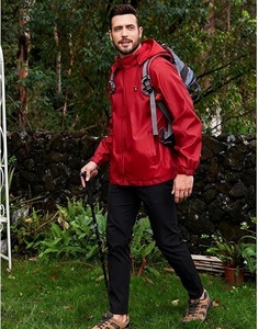 Women's <b>Red</b> <b>Windbreaker</b> Jacket Full Sleeve Zipper Closure Hooded Waterproof Casual Solid Color Regular Length Outerwear - Product Image 5