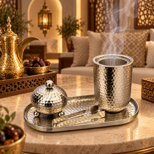 Ensemble de brûleurs à bakhoor en acier inoxydable martelé |   Porte-encens Oud Arabe avec plateau de service et pinces, décoration islamique pour la maison et le Majlis - Product Image 3
