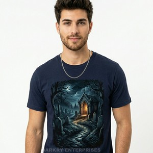 Camiseta Azul Marino Personalizada al por Mayor para Hombre, Camiseta Gráfica de Cementerio de Halloween, Ropa de Hombre de Algodón Transpirable de Alta Calidad - Product Image 1