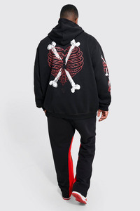 100% Cotton Plus Size Heavyweight Custom Skeleton Heart Embroidered Zipper-Up <b>Black</b> Halloween Men <b>Fleece</b> Print Winter - Product Image 2