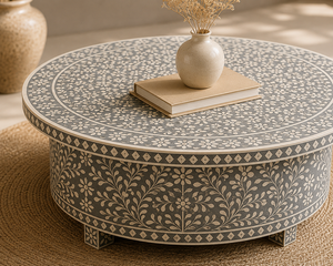 Handmade Modern Resin <b>Coffee</b> <b>Table</b> Round Bone Inlay Geometric Floral Black <b>White</b> Living Room Furniture - Product Image 4