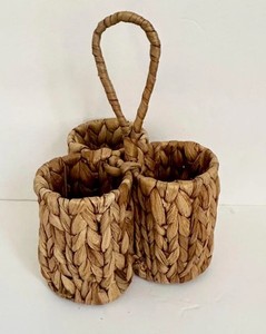 Handmade Water Hyacinth Tableware Caddy 3 Slot <b>Wicker</b> Spice Condiment Holder <b>Basket</b> with <b>Handle</b> Trim For Restaurant Catering - Product Image 4