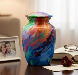 โกศบรรจุอัฐิอลูมิเนียมหรูหราสไตล์โบราณ ดีไซน์สวยงามสำหรับงานศพ ประดับลายดอกไม้คลาสสิกเคลือบสีน้ำเงิน - Product Image 5