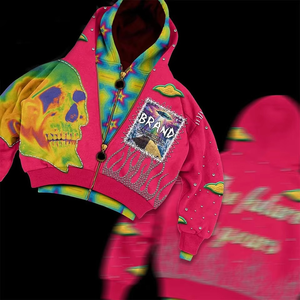Unisex <b>Tie</b>-Dye Hooded Sweatshirt With Skull Print Rhinestone Applique Streetwear Fleece Zip-Up Oversized Fit - Product Image 5