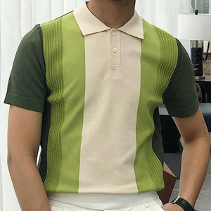 Polo de Punto de Manga Corta Casual Premium para Hombre 2026, Diseño a Rayas con Bloques de Color Verde Beige, Corte Regular - Product Image 3