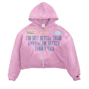 Sudadera con capucha extragrande con cremallera, adornos de perlas y diseño estampado frontal para uso unisex en invierno, estilo americano. - Product Image 3