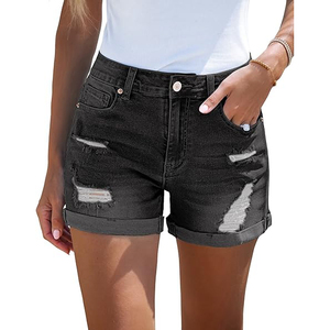 High Waist Denim Shorts With Heavy Ripped <b>Thighs</b> Shredded Details Curved Hem Distressed Denim Shorts Women - Product Image 1