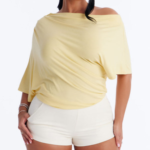 Custom Sexy Off The Shoulder Bodysuit Women Yellow Solid Color Stretch Knitted One Piece Swimwear Summer Casual Loose Fit Top - Product Image 4
