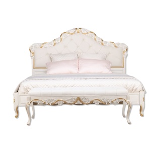 Cama de Madera de Teca Sólida de Diseño Europeo Antiguo, Cama Tapizada de Lujo con Tallado de Flores y Banco, Modelo 2204447 - Product Image 1