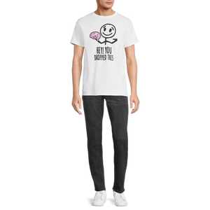 Camiseta Blanca para Hombre con Estampado de Cerebro de Dibujos Animados, Manga Corta, Cuello Redondo, Estilo Casual, Corte Regular, Tela Jersey Estampada - Product Image 3