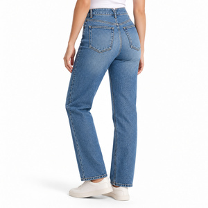 Jeans de Mezclilla de Cintura Alta y Pierna Recta para Mujer, con Cintura Trasera en V, Color Azul Medio - Product Image 3