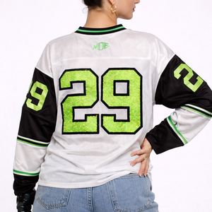 Camiseta de fútbol americano unisex estilo universitario de malla transpirable con número de diamantes de imitación, manga larga, estilo urbano, OEM, marca privada, venta al por mayor - Product Image 6